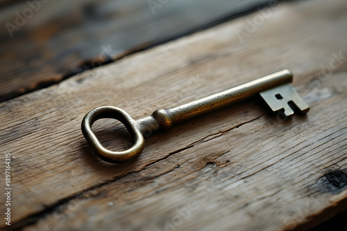 Vintage key lying on a worn wooden surface, capturing a nostalgic scene from a close-up viewpoint