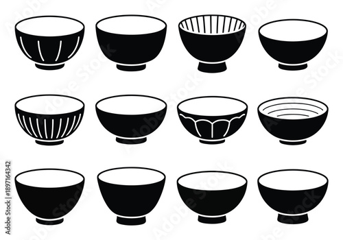 Collection of Diverse Black and White Bowl Illustrations
