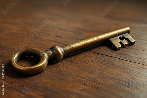 An old brass key lies on a dark wooden surface, viewed from a slight angle