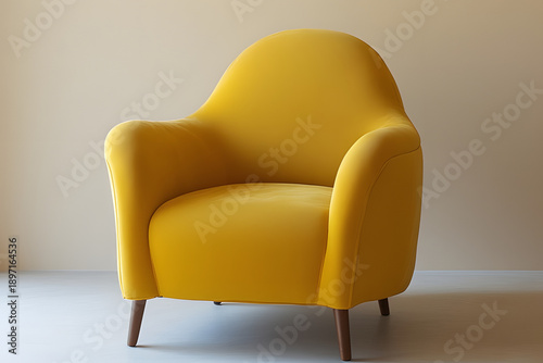 A yellow armchair with wooden legs is placed in a minimalist room with a neutral background viewed from the front