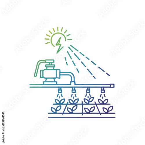 Line art icon of a smart solar irrigation system, depicting modern agricultural technology, water saving, and sustainable farming.