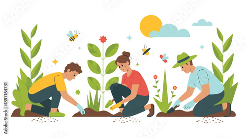 A flat, cartoon-style illustration of three people gardening outdoors (2)_traced