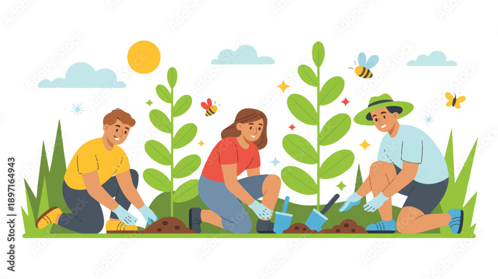 Fototapeta premium A flat, cartoon-style illustration of three people gardening outdoors (3)_traced