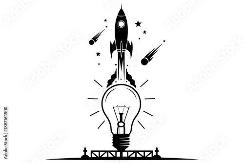 Innovative rocket launching from a light bulb, symbolizing a powerful idea taking flight and illuminating the world with new possibilities and creativity
