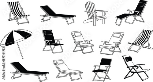 PrintCollection of diverse outdoor beach chair silhouettes including lounge chairs sunbeds and umbrellas isolated on white background for summer vacation and resort travel design
