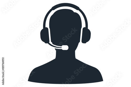 Essential monochrome silhouette icon representing a customer service professional, equipped with a headset and microphone, denoting clear communication and dedicated user support