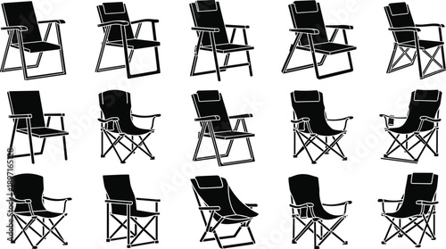 PrintCollection of portable camping chair silhouettes and folding outdoor seat icons with armrests and headrests isolated on white background for travel and leisure design