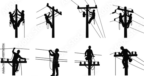 PrintCollection of professional electrician and lineman silhouettes working on high voltage power poles and electrical wires isolated on white background for industrial safety design