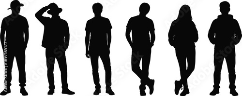 PrintCollection of six diverse people silhouettes standing in casual urban fashion poses with hats and hoodies isolated on white background for creative design projects