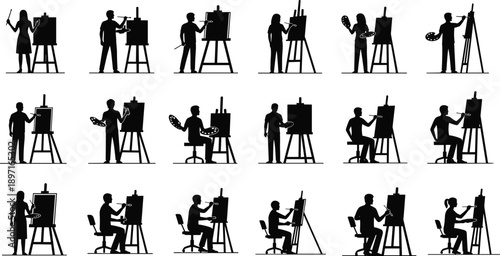 PrintSet of artist silhouettes featuring male and female painters standing and sitting at easels with palettes for creative studio fine art education and workshop