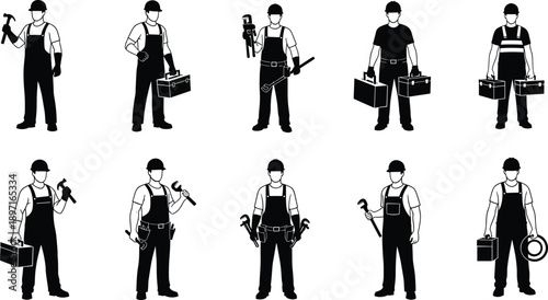 PrinSet of construction worker silhouettes in hard hats carrying toolboxes and wrenches for plumbing maintenance repair and professional industrial building contractor service iconst