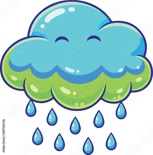 A cheerful cartoon cloud in blue and green happily raining light blue drops