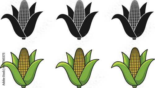 Corn icon and illustration collection featuring black‑and‑white kernel grid designs and colored corn with yellow kernels and green husks for food, agriculture, and design projects