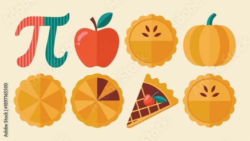 Delightful collection of autumn pie illustrations and festive elements, celebrating baking, harvest season, and the mathematical marvel of Pi Day, perfect for seasonal designs and educational concepts