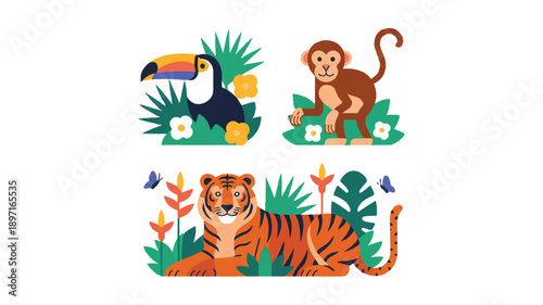 A flat, minimalist illustration of three tropical animals in a jungle setting (2)_traced