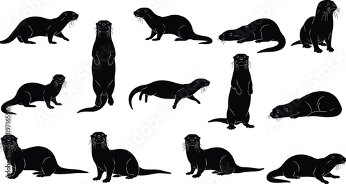 Set of sea otter silhouettes in various poses including swimming standing and resting for wildlife nature conservation aquatic animal themes and zoo education vector design