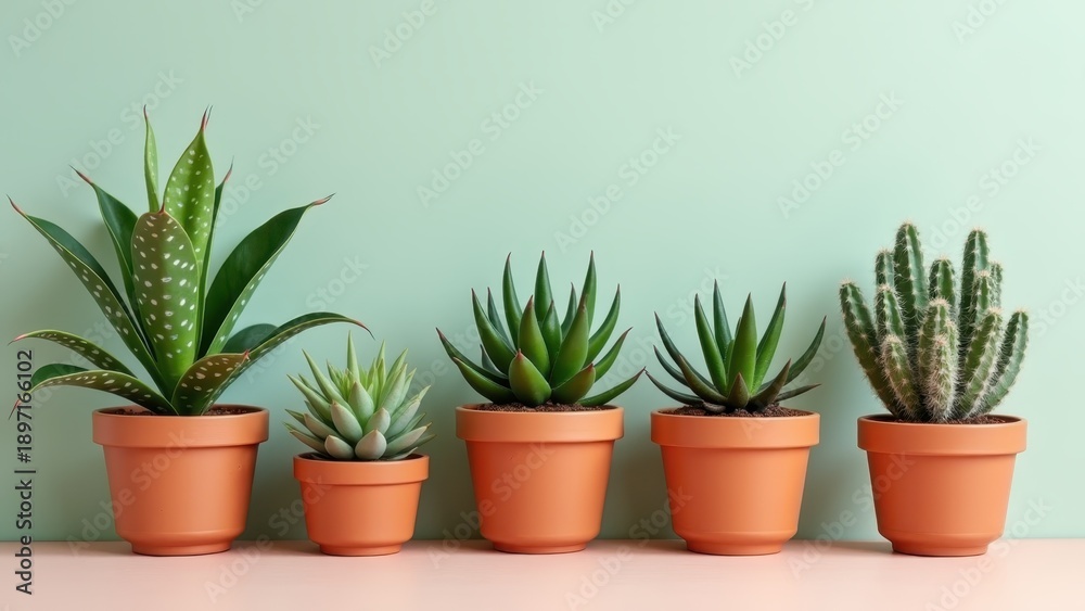 Fototapeta premium Succulent plant arrangement in terracotta pots, desert cacti, low-maintenance greenery, geometric shapes, drought-resistant, trendy houseplants, decorative plants