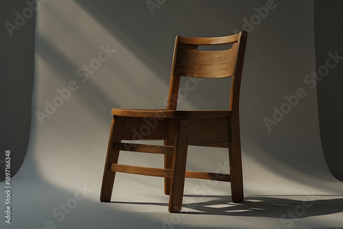 Wallpaper Mural A wooden chair stands alone in a dimly lit studio, sunlight casting shadows on the floor and curved backdrop Torontodigital.ca