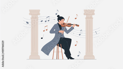 A minimalist illustration of a musician playing a violin in a classical architectural setting (4)_traced