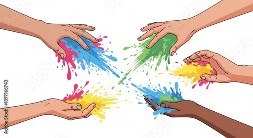 Diverse Hands Releasing Colorful Paint on White Background