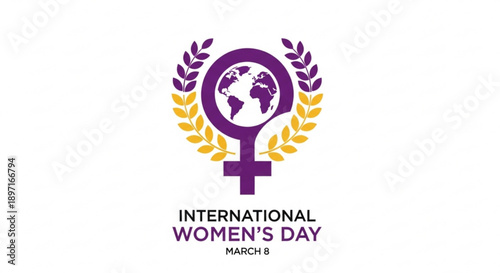 International Womens Day Symbol with Female Gender Sign and Earth Globe on March 8, Isolated on White Background