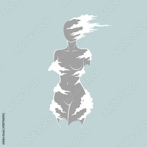 Abstract female figure made of clouds.