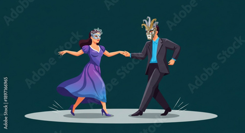Couple Dancing Together in Masquerade Masks on Isolated White Background