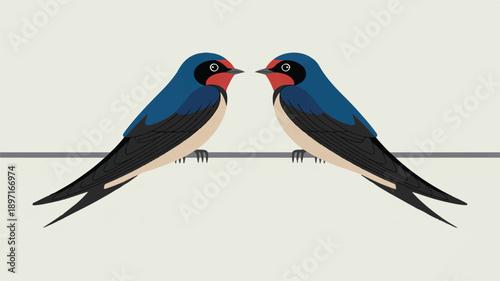 A minimalist illustration of two blue and black barn swallows perched side by side on a single horizontal gray wire (2)_traced