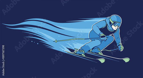 Illustration of a skier in a blue snowsuit speeding down a slope with a flowing cape against a dark blue background.