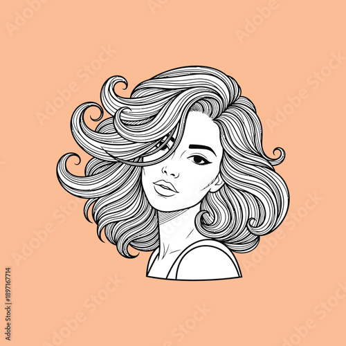 Beautiful woman with voluminous curly hair line art.