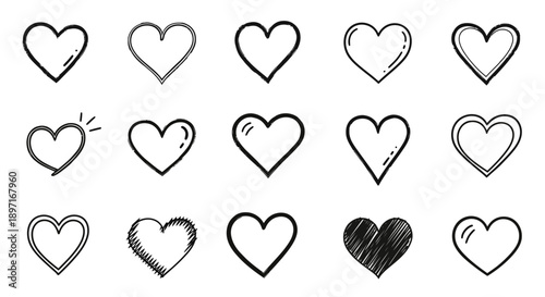 Collection of hand-drawn heart illustrations in various styles and line weights, showcasing creative expressions of love and affection