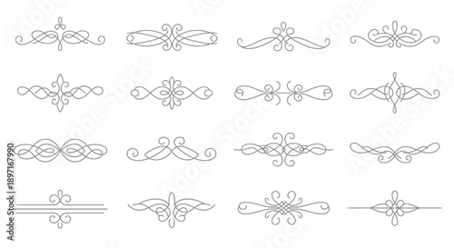 Collection of ornate line art designs featuring decorative elements and flourishes in a minimalist style