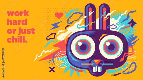 An abstract illustration with a comic bunny and various colorful shapes. Vector illustration.