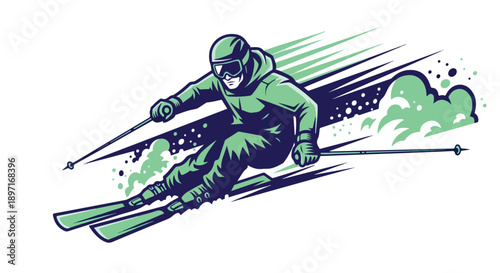 Illustration of a skier in motion with green and blue hues on a white background.