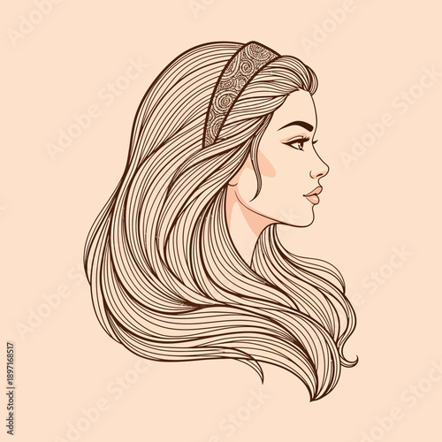 Elegant woman with long flowing hair and headband in profile.
