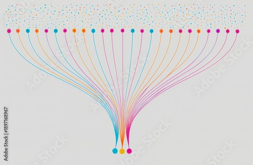 Creative conceptual illustration featuring a wide array of multi-colour dots funnelling into a series of thin flowing lines that converge into three distinct blue yellow and pink points