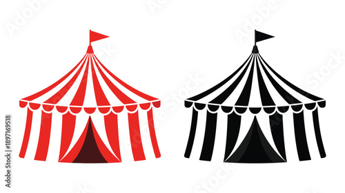 Striped circus tent vector icon, split flag detail, red striped and black sections, flat illustration isolated on white background design