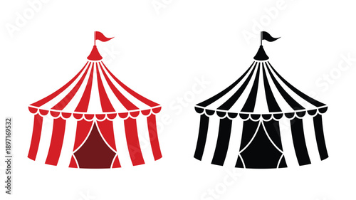 Circus tent icon, striped canopy with split flag, red and black sections, flat vector illustration isolated on white background