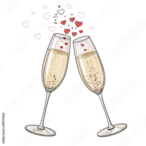 Romantic Champagne Toast: Two champagne glasses clink, overflowing with bubbly, a symbol of love and celebration, with hearts floating upwards. 