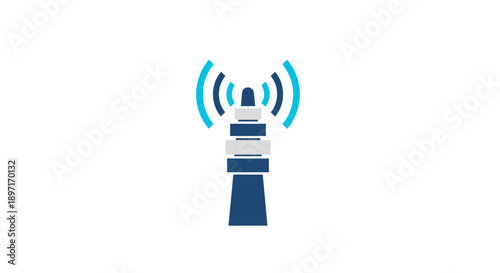 Blue Lighthouse with Wireless WiFi Signal Icon on Isolated White Background