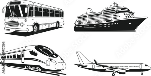 Black and white vector illustration set of modern transportation icons including a commercial bus, luxury cruise ship, high-speed passenger train, and airplane on white background