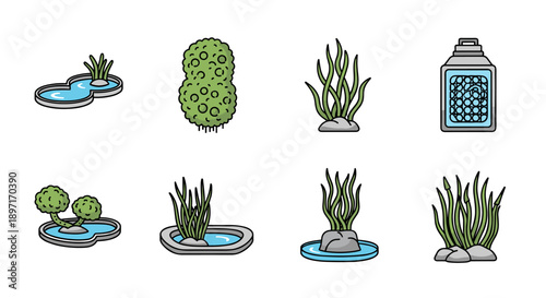 A vibrant collection of cartoon-style aquarium decorations and aquatic plants, perfect for illustrating underwater environments and fish tank accessories.