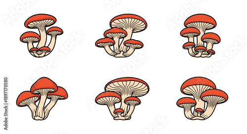 A collection of six distinct, hand-drawn mushroom illustrations featuring vibrant red caps and detailed stems, perfect for nature-themed designs.