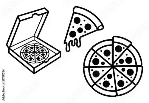 Pizza icons: whole pizza, slice, and pizza box with pizza
