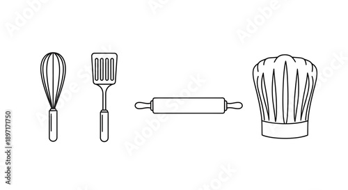 Baking Utensils and Chef Hat Icon Set.