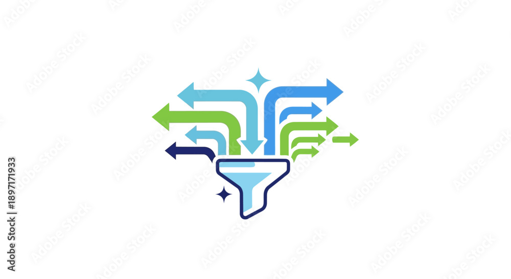 Obraz premium Data Processing and Information Filtering Funnel with Flowing Arrows on Isolated White Background