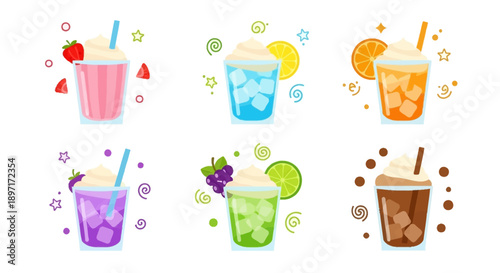 Colorful milkshake illustrations with various fruits and toppings.