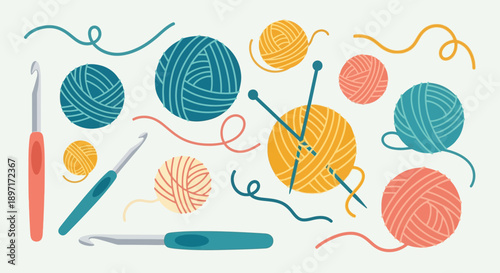 Colorful balls of yarn and crochet hooks arranged artistically.