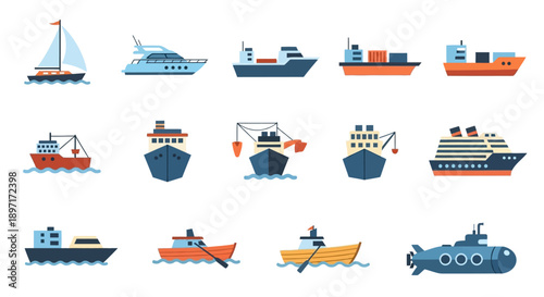 Collection of Various Cartoon Style Boats and Ships.