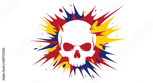 Konstfotografi Colorful Skull with Paint Splatters and Vibrant Colors.